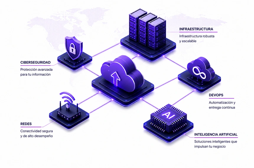 Ecosistema tecnológico HISTECH: Cloud conectada con Infraestructura, Ciberseguridad, Redes, DevOps e Inteligencia Artificial
